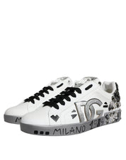 Dolce & Gabbana White Silver Crystal Logo Portofino Sneakers Shoes