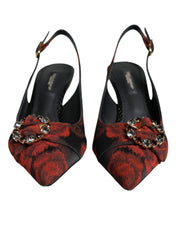 Dolce & Gabbana Black Red Floral Crystal Heel Slingback Shoes