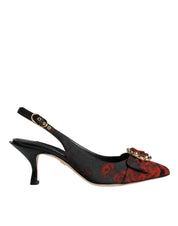 Dolce & Gabbana Black Red Floral Crystal Heel Slingback Shoes