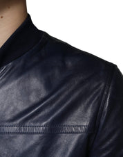 Dolce & Gabbana Blue Lambskin Leather Full Zip Biker Jacket