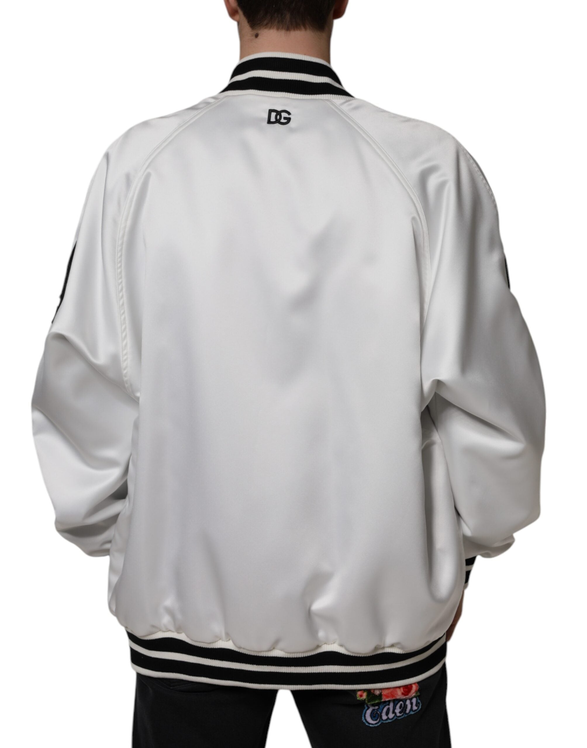 Dolce & Gabbana White Polyester Logo Full Zip Bomber Jacket