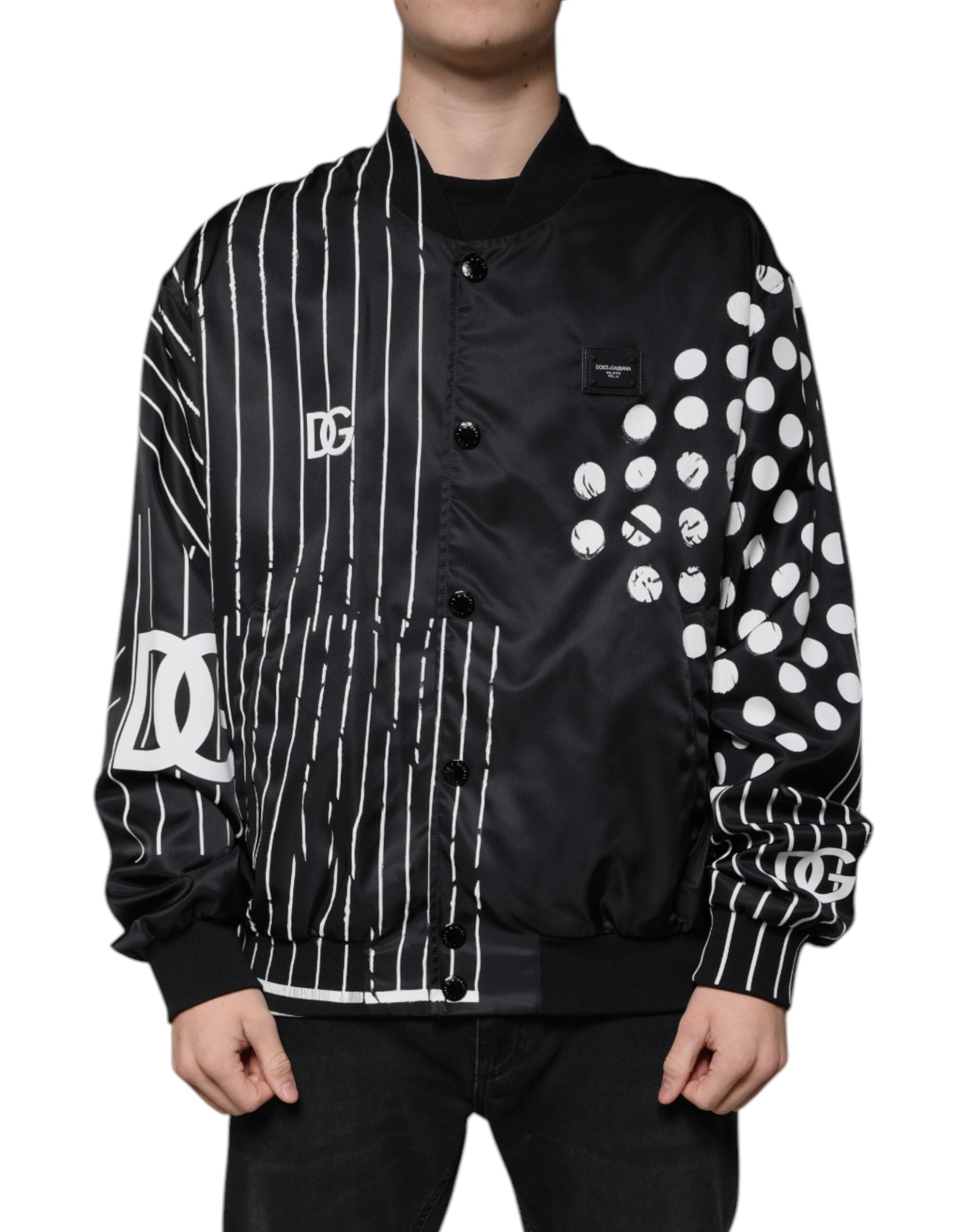 Dolce & Gabbana Black Polka Dot Stripe Nylon Bomber Jacket