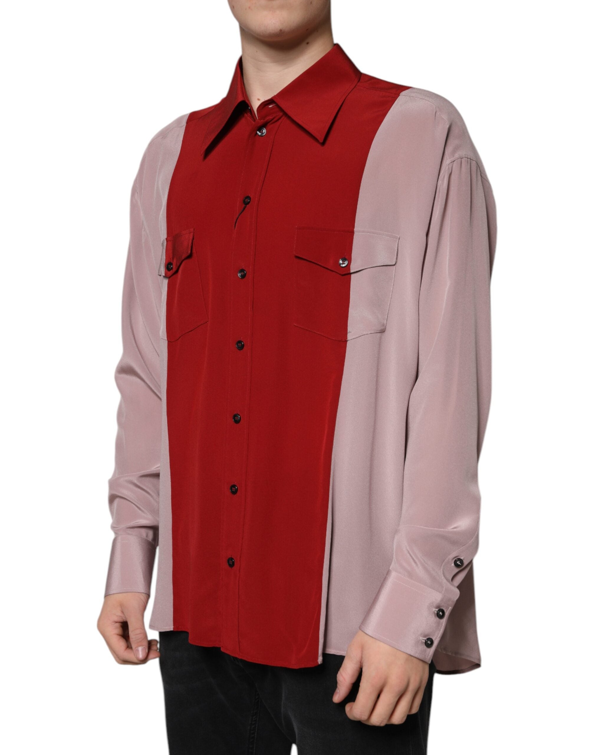 Dolce & Gabbana Red Pink Silk Collared Button Down Shirt