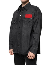 Dolce & Gabbana Black Logo Cotton Button Down Denim Shirt
