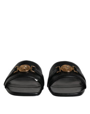 Versace Black Leather Logo Plaque Slip On Slides Flats Shoes