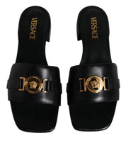 Versace Black Leather Logo Plaque Slip On Slides Flats Shoes