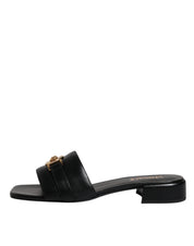 Versace Black Leather Logo Plaque Slip On Slides Flats Shoes