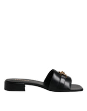 Versace Black Leather Logo Plaque Slip On Slides Flats Shoes