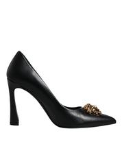 Versace Black Leather Logo Plaque High Heels Pumps Shoes