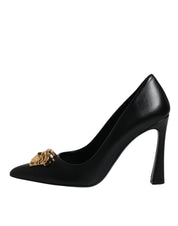 Versace Black Leather Logo Plaque High Heels Pumps Shoes