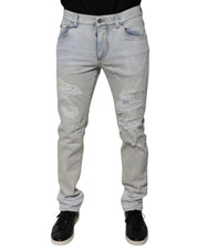 Dolce & Gabbana Light Blue Cotton Blend Tattered Skinny Denim Jeans