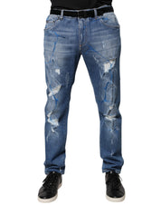 Dolce & Gabbana Blue Cotton Stretch Tattered Skinny Denim Jeans