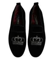 Dolce & Gabbana Black Velvet Crystal Crown Loafers Formal Dress Shoes