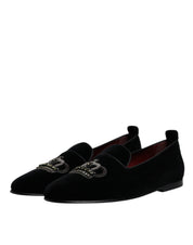 Dolce & Gabbana Black Velvet Crystal Crown Loafers Formal Dress Shoes
