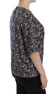 Dolce & Gabbana Gray Gold Key Print Silk Blouse T-shirt
