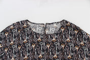 Dolce & Gabbana Gray Gold Key Print Silk Blouse T-shirt