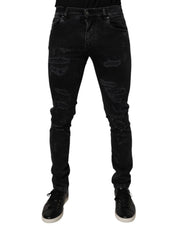 Dolce & Gabbana Black Tattered Cotton Skinny Men Denim Jeans