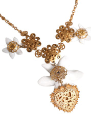 Dolce & Gabbana Gold Brass Lily Crystal Sacred Heart Pendant Necklace