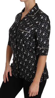 Dolce & Gabbana Black GuitarTrumpet Print Silk Shirt Top