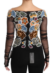 Dolce & Gabbana Black Floral Ricamo Top T-shirt Blouse