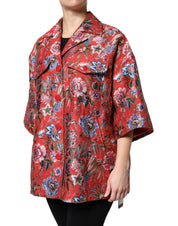 Dolce & Gabbana Red Floral Jacquard Button Down Coat Jacket