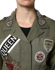 Dolce & Gabbana Military Green Queen Embellished Coat Jacket