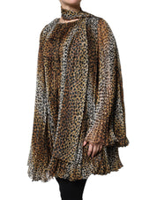 Dolce & Gabbana Brown Leopard Print Scarf Collared Chiffon Dress