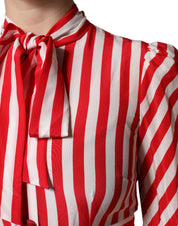 Dolce & Gabbana White Red Stripes Long Sleeves Midi Dress