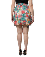 Dolce & Gabbana Multicolor Floral Lace High Waist Mini Skirt
