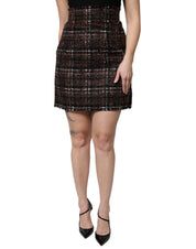 Dolce & Gabbana Multicolor High Waist Tartan Tweed Pencil Cut Skirt