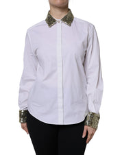 Dolce & Gabbana White Cotton Long Sleeves Sequin Shirt Top