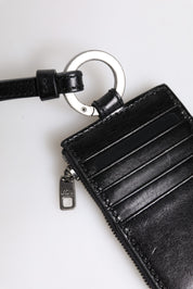 Dolce & Gabbana Black Leather Logo Embossed Lanyard Card Holder Wallet