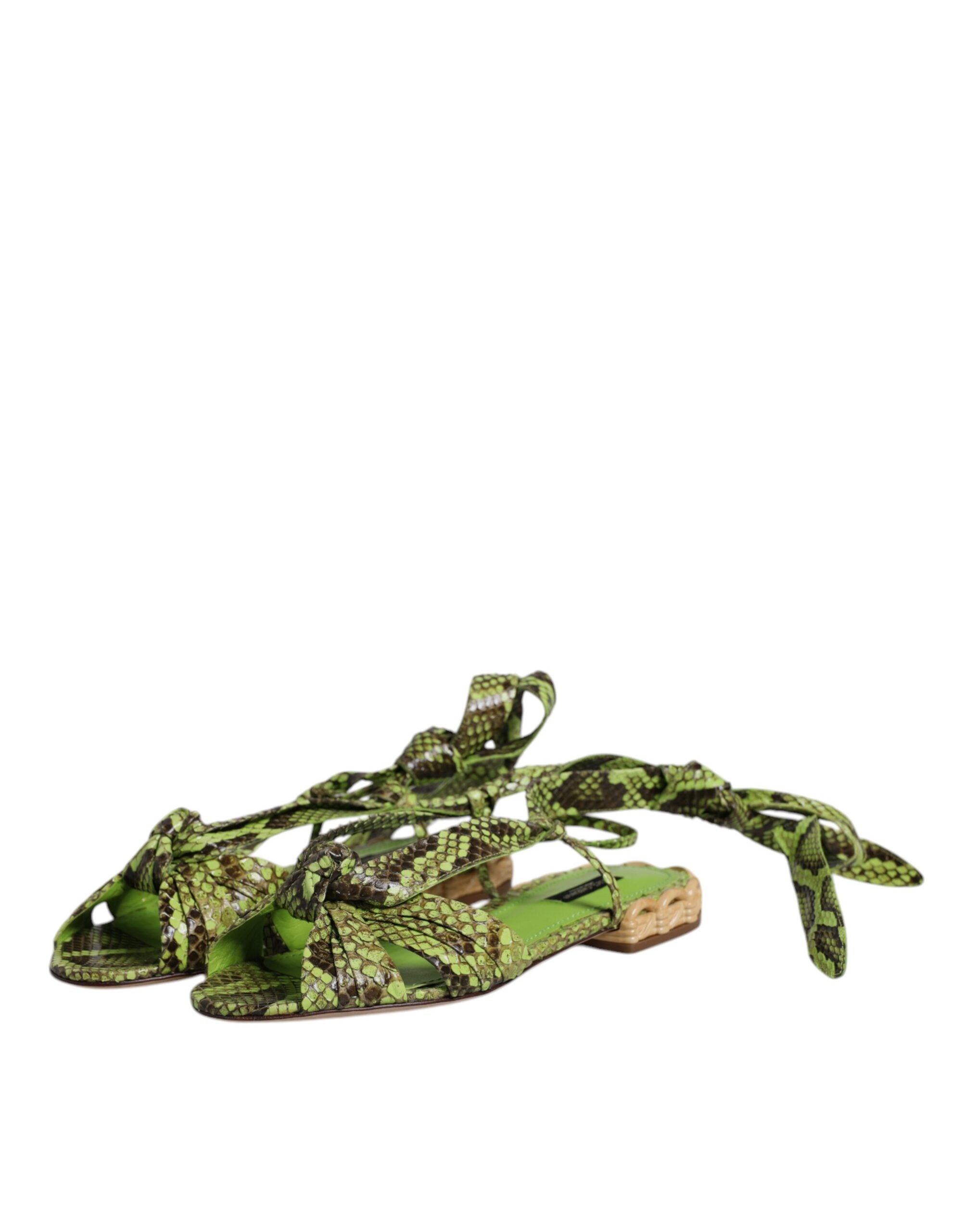 Dolce & Gabbana Green Animal Print Ankle Wrap Sandals Shoes