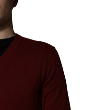 Dolce & Gabbana Maroon Cashmere V-neck Men Pullover Sweater