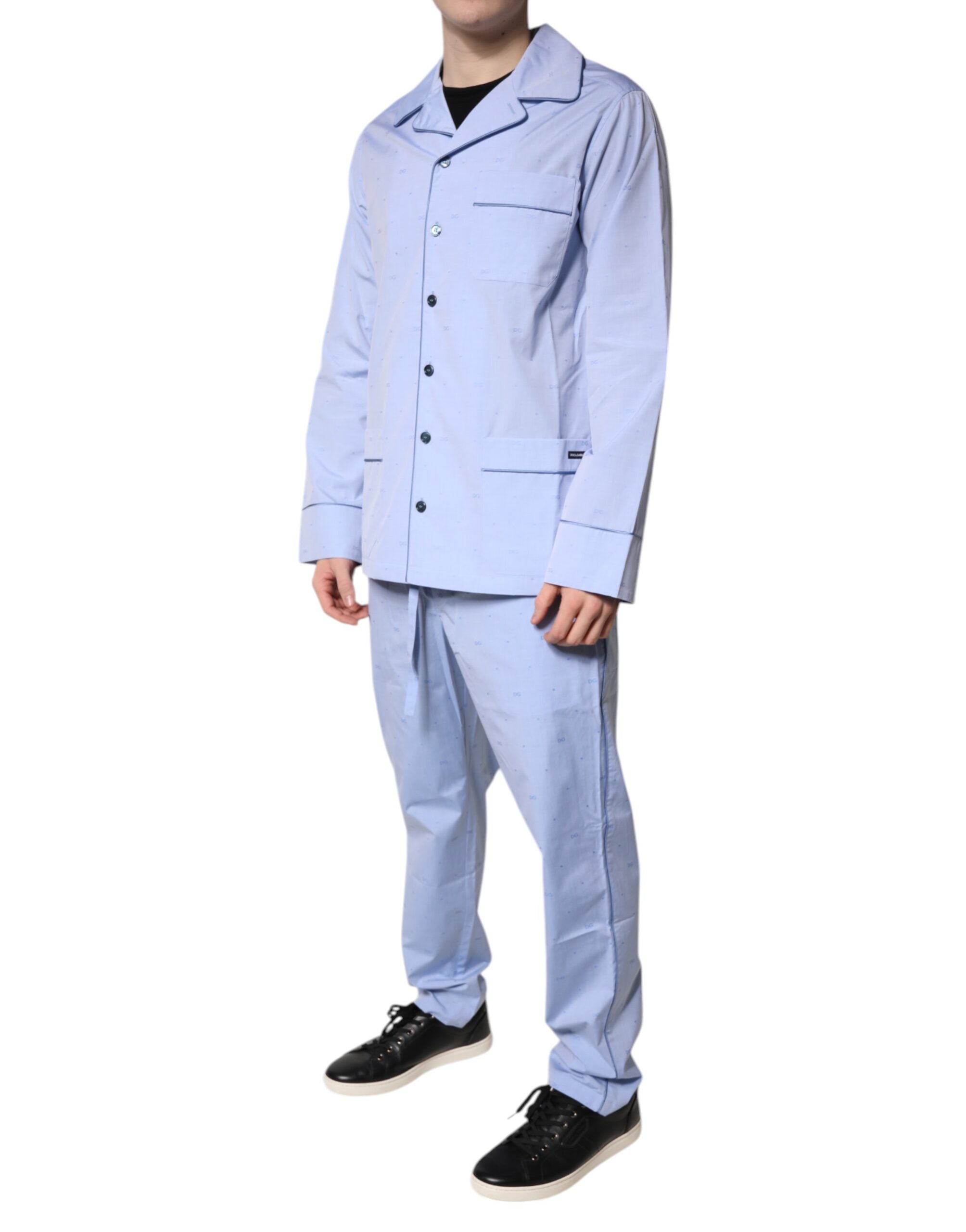 Dolce & Gabbana Light Blue DG Logo Cotton Men Pajama Set Sleepwear