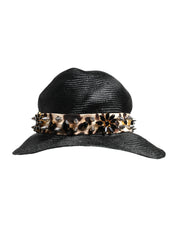 Dolce & Gabbana Black Straw Crystal Embellished Wide Brim Hat