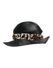 Dolce & Gabbana Black Straw Crystal Embellished Wide Brim Hat