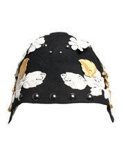 Dolce & Gabbana Black Wool White Floral Gold Leaf Cloche Hat