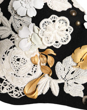 Dolce & Gabbana Black Wool White Floral Gold Leaf Cloche Hat