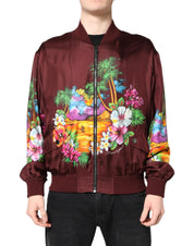 Dolce & Gabbana Maroon Floral Print Full Zip Bomber Jacket