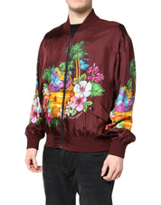 Dolce & Gabbana Maroon Floral Print Full Zip Bomber Jacket