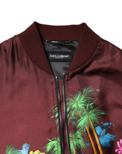 Dolce & Gabbana Maroon Floral Print Full Zip Bomber Jacket