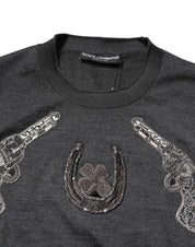 Dolce & Gabbana Gray Embroidery Knit Men Pullover Sweater