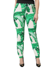Dolce & Gabbana White Green Leaf High Waist Pants