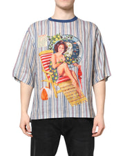 Dolce & Gabbana Multicolor Striped Pin Up Linen Round Neck T-shirt