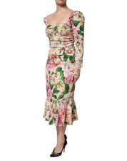 Dolce & Gabbana Pink Floral Silk Fit And Flared Midi Dress