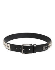 Dolce & Gabbana Black Calf Leather Studded Silver Buckle Belt