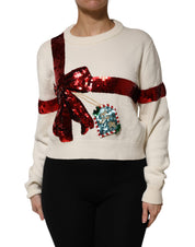Dolce & Gabbana White Sequined Crew Neck Pullover Sweater