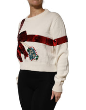 Dolce & Gabbana White Sequined Crew Neck Pullover Sweater