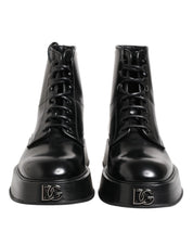 Dolce & Gabbana Black Leather Logo Ankle Boots Lace Up Shoes